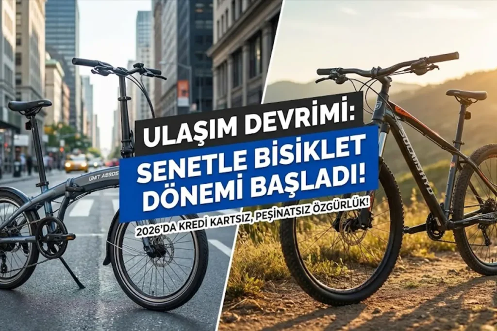 Şehir manzarasında bisiklet süren mutlu insanlar ve senetle alışveriş vurgusu.