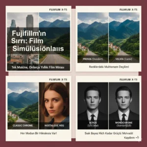 Fujifilm X-T5 film simülasyonları karşılaştırma tablosu; Provia, Velvia, Classic Chrome ve Acros modları.