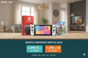 Senetle satın alınabilen Nintendo Switch OLED beyaz model ve Mario Kart 8 kutu görseli