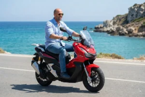 Sahil yolunda kırmızı Salcano Wind 150 motosiklet kullanan erkek sürücü ve 24 ay taksitli alışveriş görseli.