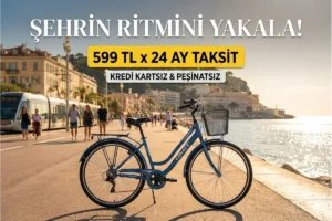 Güneşli bir sahil yolunda park halinde duran mavi renkli, ön sepetli Ümit 2862 Alanya 2D şehir bisikleti. Görsel üzerinde "Şehrin Ritmini Yakala!", "599 TL x 24 Ay Taksit" ve "Kredi Kartsız & Peşinatsız" yazılı kampanya afişi.